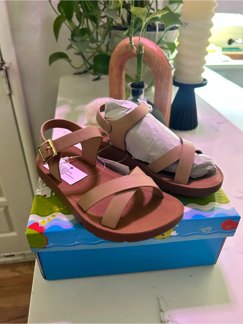 Link Kids Beige and Tan Strappy Comfort Sandals